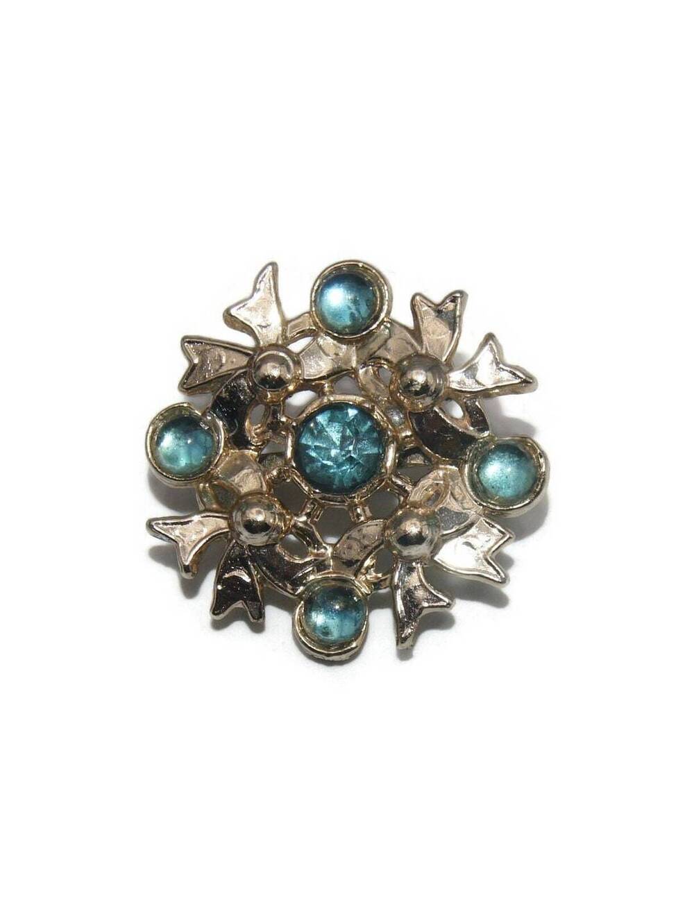 Vintage Gold Tone and Blue Rhinestones Brooch.